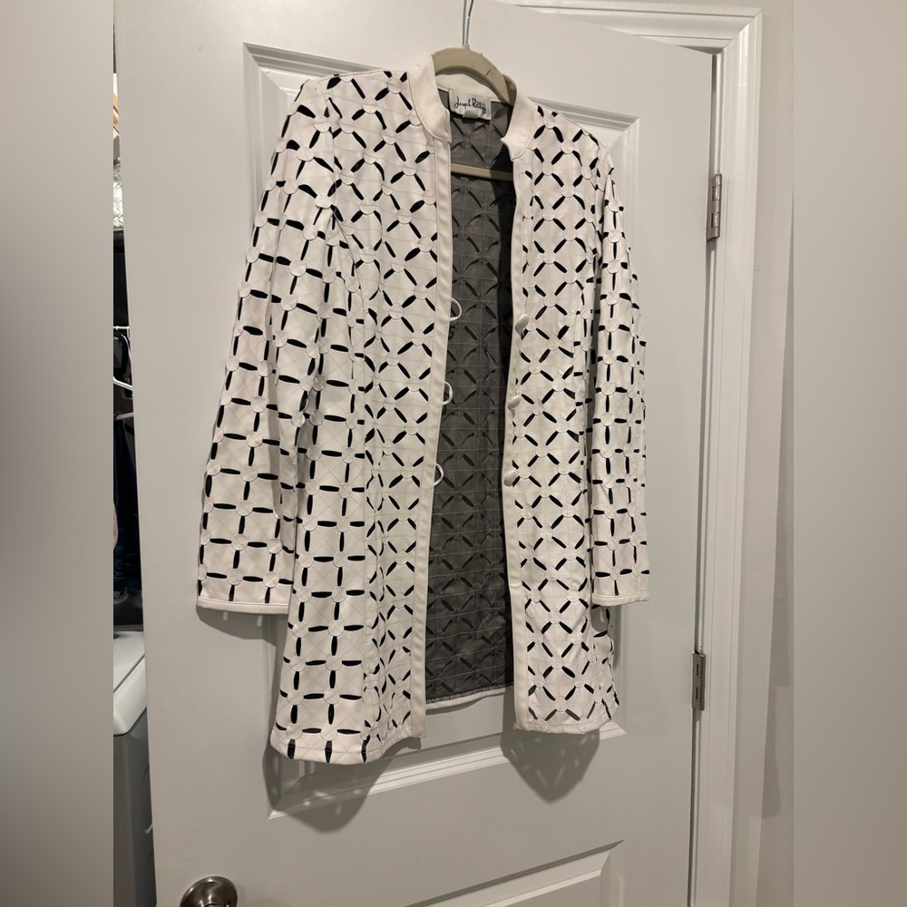 Joseph Ribkoff White Openwork Cutout Long Jacket with Black Lining